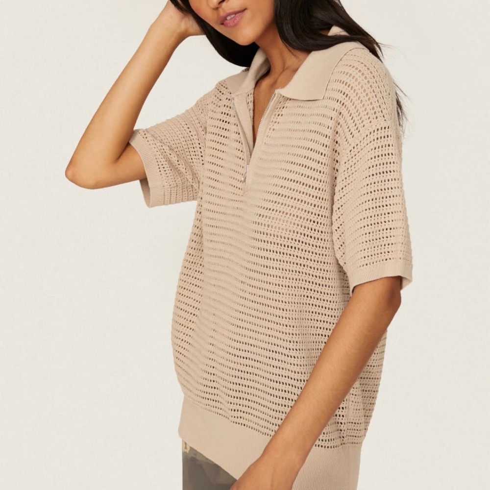 Varley Tan Textured Short Sleeve Polo